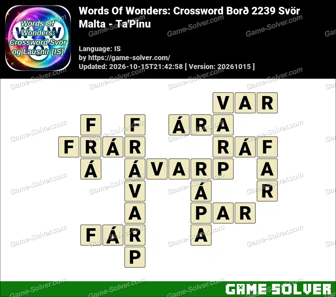 Words Of Wonders: Crossword Borð 2239 Svör – Malta – Ta’Pinu